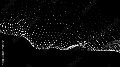 Futuristic wave of white smoothly moving dots on a black background. Vector EPS10.