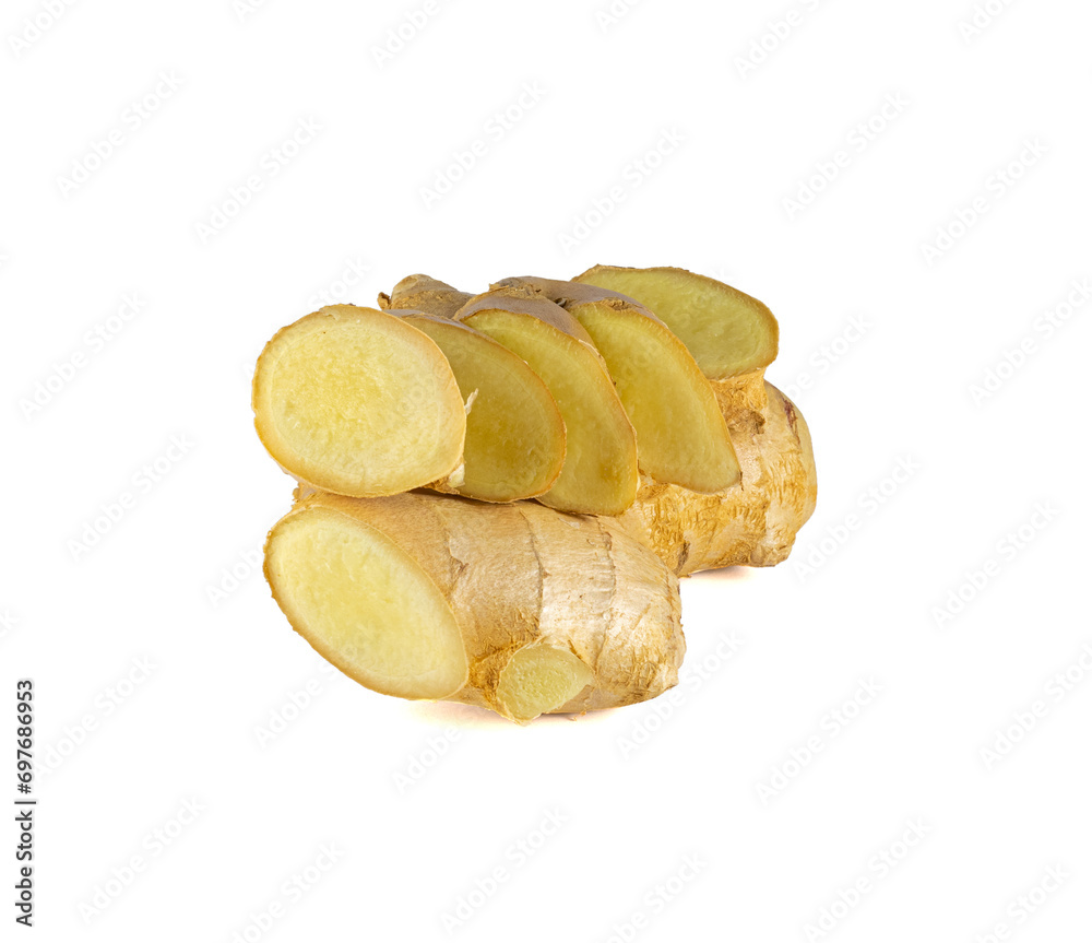 Fresh ginger rhizome with sliced isolated on white background. Fresh ginger rhizome with sliced isolated on white background.