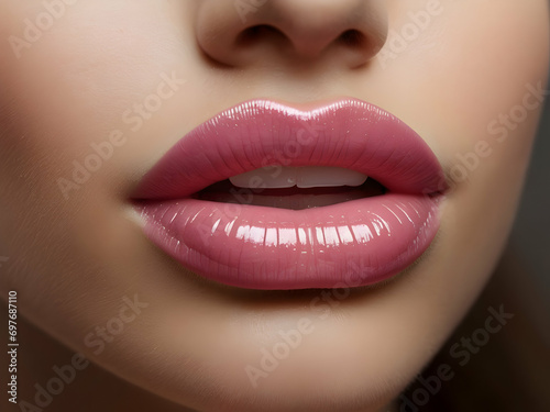 girl lips with pink lipstick 