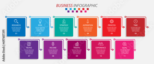 infographic 11 steps or parts, colorful square design with interconnected lines, great for business flow diagrams, banners and presentations