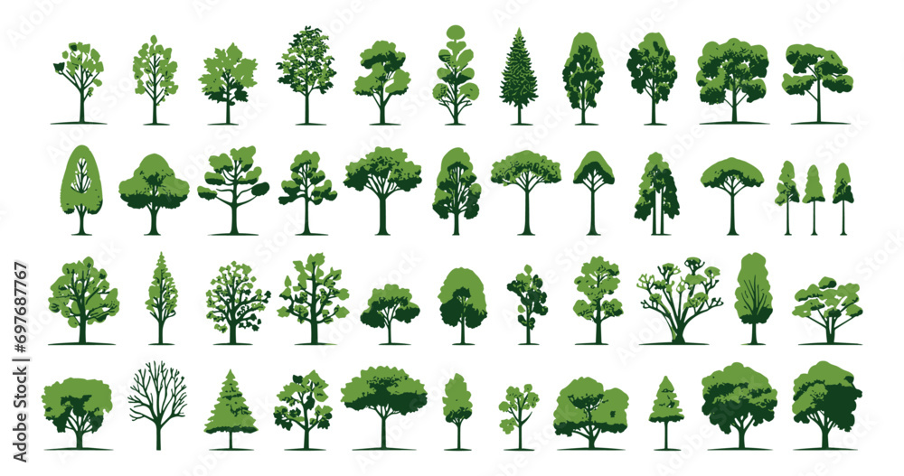 set of green graphic trees elements, Architecture and Landscape Design: Vector Illustration of Green Tree Elements, for Drawing Natural Icons and Symbolism in Project,  Environment, Nature, garden - obrazy, fototapety, plakaty 