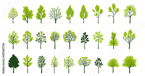 set of green graphic trees elements, Architecture and Landscape Design: Vector Illustration of Outline tree symbol, for Drawing Natural Icons and Symbolism in Project, Environment, Nature, garden