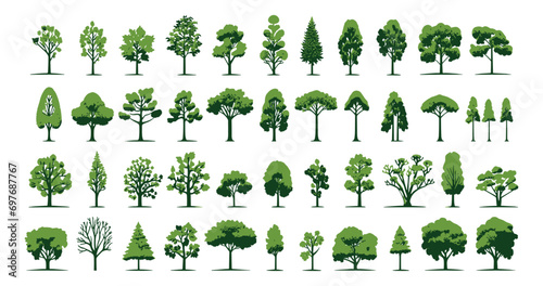 set of green graphic trees elements, Architecture and Landscape Design: Vector Illustration of Green Tree Elements, for Drawing Natural Icons and Symbolism in Project,  Environment, Nature, garden