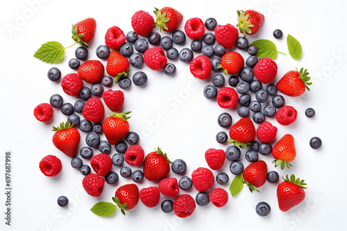 Round frame with fresh ripe berries isolated on white background with copy space, top view, strawberries, raspberries and blueberries