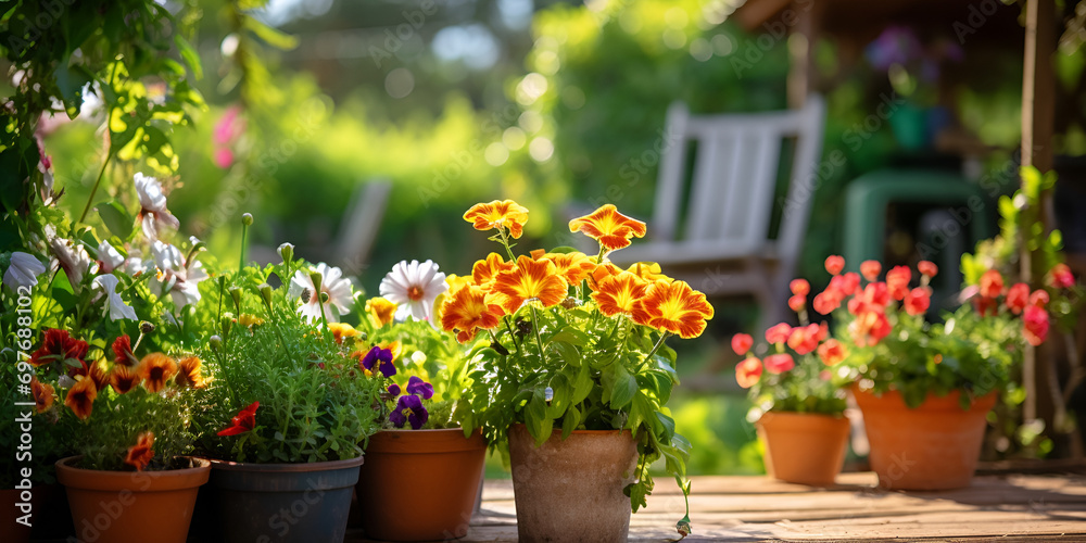 flowers in the garden.Gardening tools and flowers on the terrace in the garden, generative ai,Potted plants are sold at the garden center. Selling plants outdoors. Many varieties of green plants. 