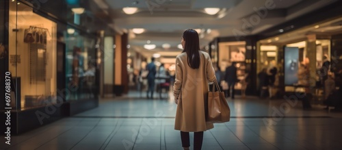 Rear view of happy young Asian woman carrying paper bag and coat shopping center background in mall photo