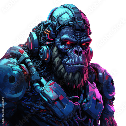 Mecha Cyberpunk gorilla cyborg illustration. Ferocious gorilla cyborg. Futuristic ape mecha. Monkey robot. Futuristic kong design for t-shirt, poster, sticker, poster, streetwear. png trasnparent photo
