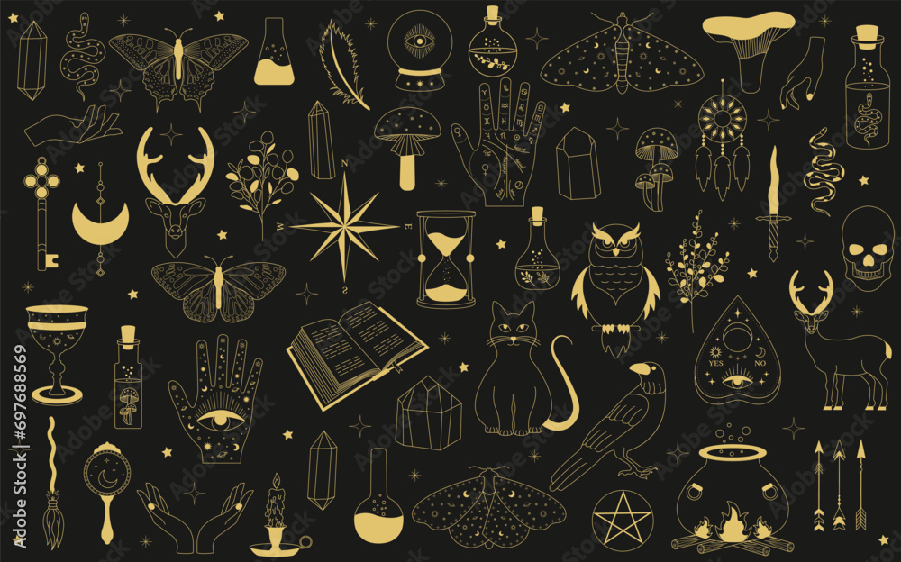 Witchy magic set. Set of witchcraft items. Collection of witchy magic and esoteric equipment. Vector illustration of mythical elements. Witchy magic set. Set of witchcraft items. Collection of witchy magic and esoteric equipment. Vector illustration of mythical elements.