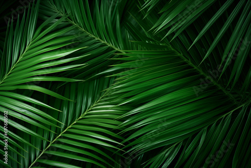Tropical palm leaves creating a lush green background © Nina
