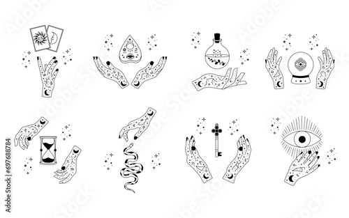 Celestial mystical moon and hands. Set of magic hands with celestial mystical esoteric symbols. Vector illustration.