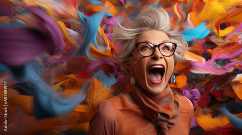 Exited senior lady in glasses and bright orange blouse and scarf against windy background of flying abstract multi-colored splashes of paint. Elderly woman and twisted wavy shapes in motion
