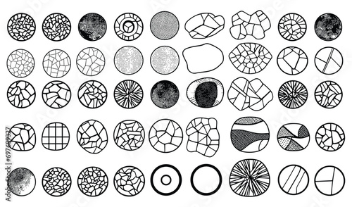 Round Stone on Ground Vector set: Texture Interior Background Line Art. Broken Tiles Mosaic Pattern, Graphics Elements Drawing for Architecture and Landscape Design, CAD Pattern, Stone Texture