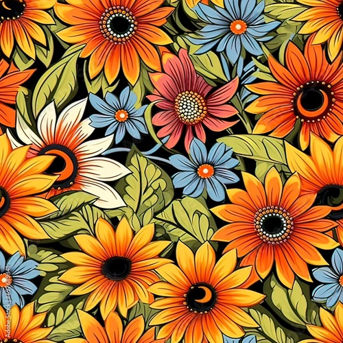 retro flowers 60s hippie pattern hand drawn, seamless pattern with flowers