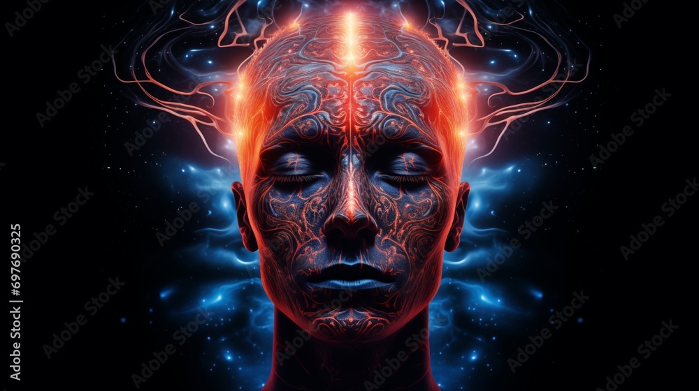 Astral traveller head glow close-up on dark background for widening of inner boundaries and horizons Astral traveller head glow close-up on dark background for widening of inner boundaries and horizons