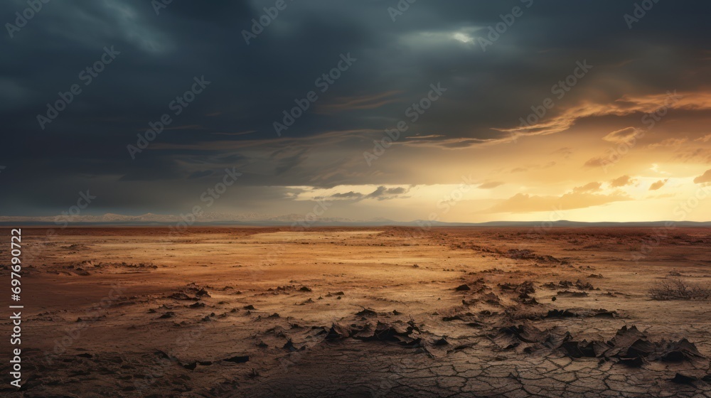 Stormy sky over the dried lake landscape background 