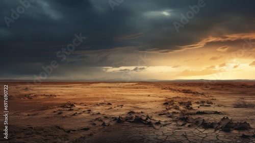 Stormy sky over the dried lake landscape background 
