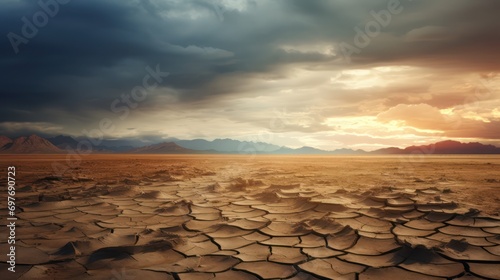 Stormy sky over the dried lake landscape background 