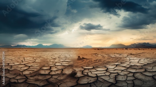 Stormy sky over the dried lake landscape background 