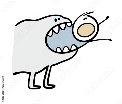 Terrible toothy monster grabbed the unfortunate boy. Vector illustration of stickman and psychological fears and problems. Hideous fantastic animal and victim. Isolated cartoon on white background.