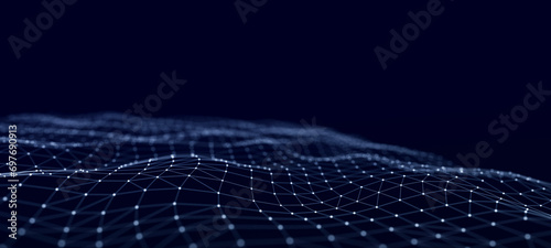 The flow of particles in a dynamic wave. Data visualization. Abstract dark background. 3D rendering.