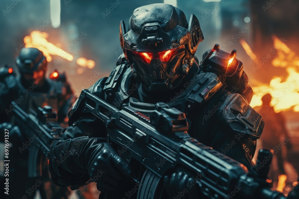 Futuristic army Combatants in a Firefight with Rifles and Photo Realistic Image of Soldier in Full Gear in Night AI Generated Futuristic army Combatants in a Firefight with Rifles and Photo Realistic Image of Soldier in Full Gear in Night AI Generated