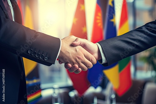 handshake of two businessmen country leaders at an international conference summit make an agreement