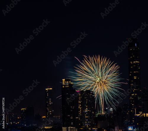 The blurred background of fireworks (light trails) is beautiful at night, seen in the New Year holidays, Christmas events, for tourists to take pictures during public travel.