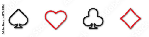 Set collection gambling outline sign symbol of playing card suits and chips for poker and casino. Vector hearts, clubs, diamonds and spades on an isolated white background.