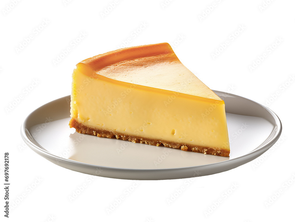 New York classical cheese cake isolated background. Slice of tasty cake on white plate served
