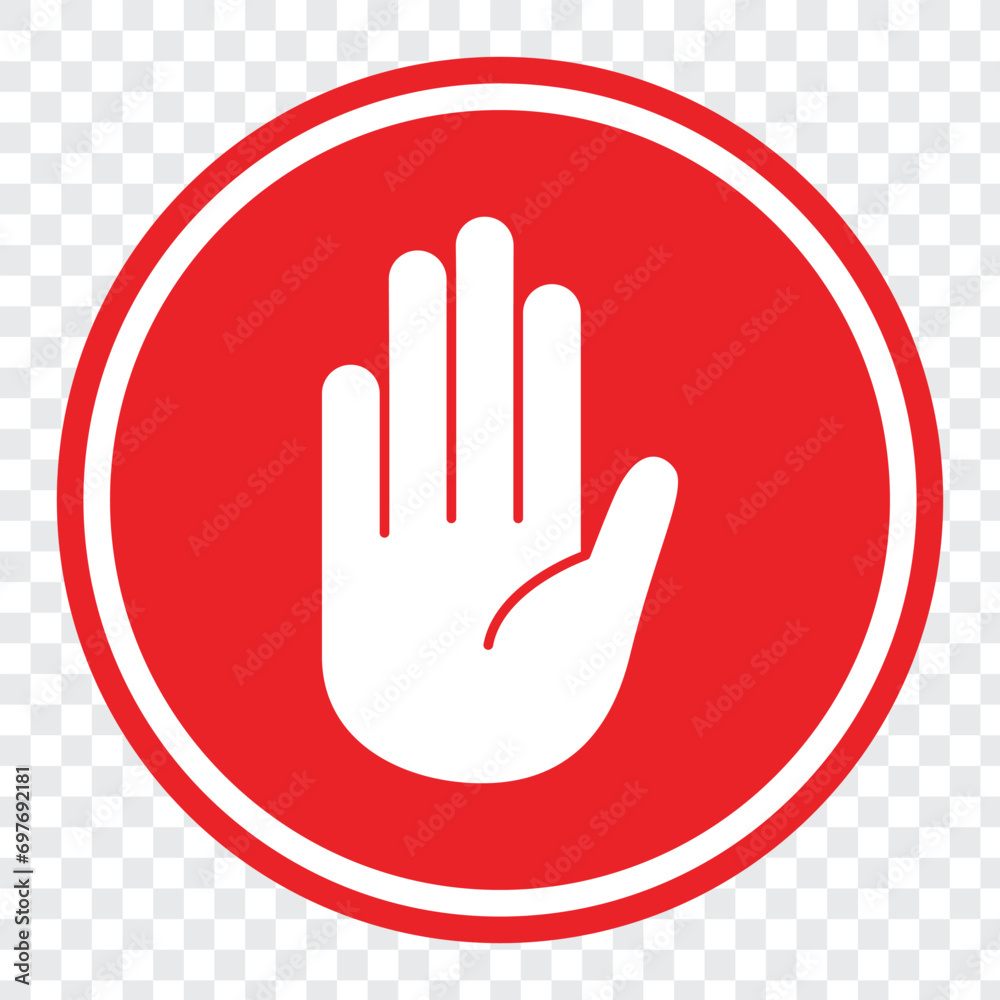 Obraz premium Red Stop Hand Icon . Stop sign icon. Simple red stop road sign with big hand symbol or icon vector illustration.