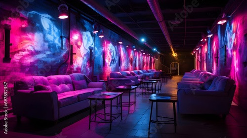 The concept of the future in interior design, furniture in neon lighting of the room relaxation room for employees of an IT company, relaxation area in a club Leather sofa in a room in cyberpunk style