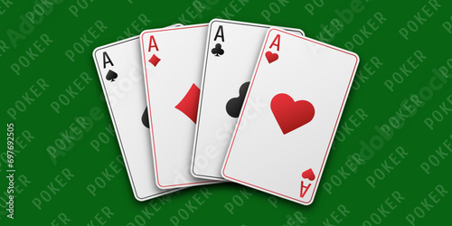 Fan of hand playing cards. Four aces with the suit of hearts, clubs, diamonds and spades. Vetor illustration. Poker or casino concept. Green playing table.