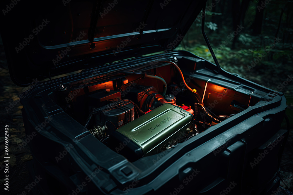 Repair of the car in the forest. Car service. Auto repair