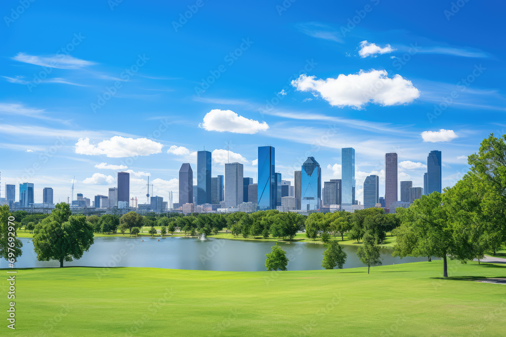 Fototapeta premium Green park and city skyline with blue sky background. Vector illustration