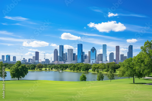 Green park and city skyline with blue sky background. Vector illustration © Kitta