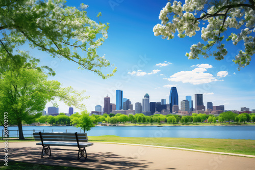 Green park and city skyline with blue sky background. Vector illustration