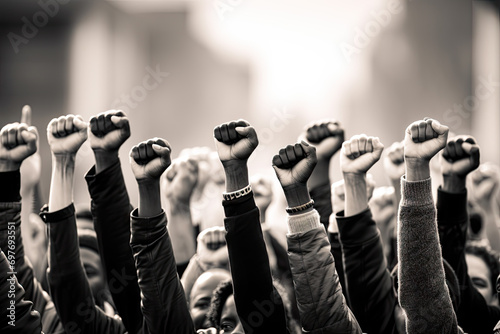 Group of people raising their hands up in the air, protest and demonstration concept © Kitta