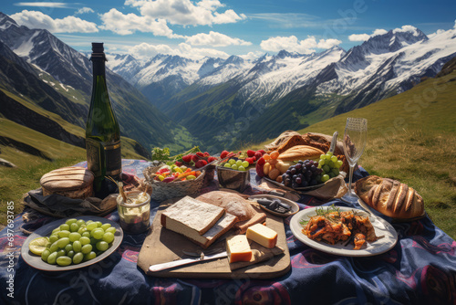 Picnic in the Alps with a variety of food and drinks.
