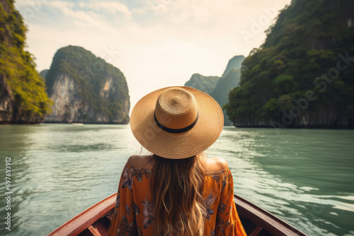 Young woman in hat and orange dress traveling on a longtail boat in Halong bay, Vietnam © Kitta