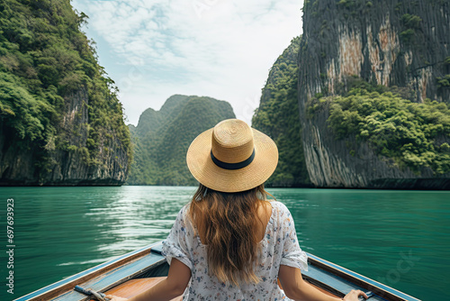 Young woman in hat and orange dress traveling on a longtail boat in Halong bay, Vietnam photo