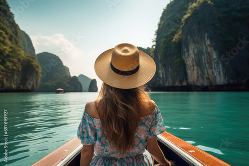 Young woman in hat and orange dress traveling on a longtail boat in Halong bay, Vietnam © Kitta