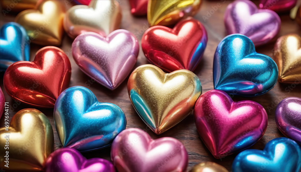 Multi-colored shiny valentines hearts on a table Multi-colored shiny valentines hearts on a table