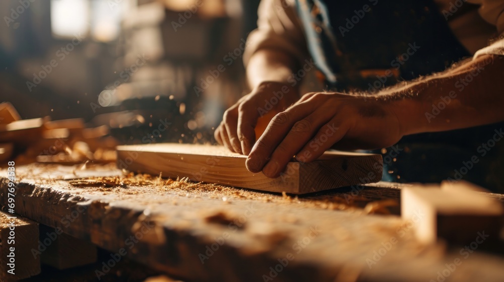 man owner a small furniture business is preparing wood for production. carpenter male is adjust wood to the desired size. architect, designer, Built-in, professional wood, craftsman, workshop. - obrazy, fototapety, plakaty 