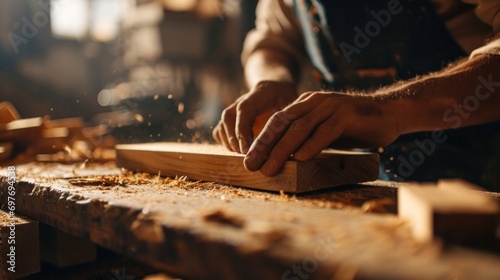 man owner a small furniture business is preparing wood for production. carpenter male is adjust wood to the desired size. architect, designer, Built-in, professional wood, craftsman, workshop. photo