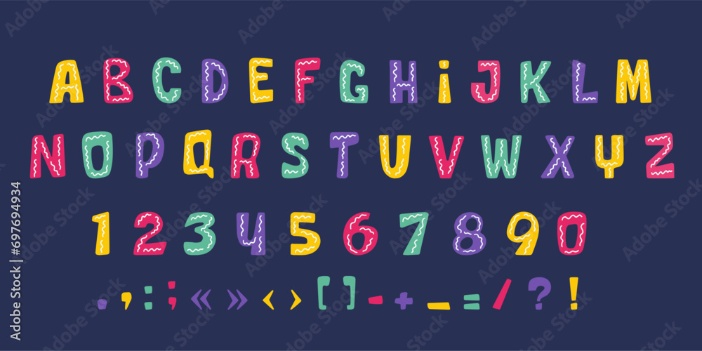 Childish cute tribal style alphabet. Doodle letters, numbers and signs. Decorative abstract abc for kids, playroom decor or prints, neoteric vector collection