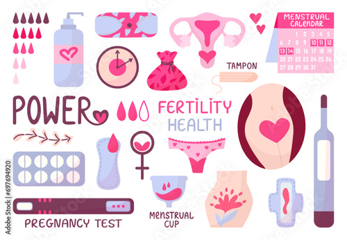 Female period calendar and hygiene elements. Gynecology and fertility, clock of woman health. Menstruation, decorative menstrual neoteric vector set photo