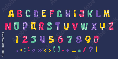 Childish cute tribal style alphabet. Doodle letters, numbers and signs. Decorative abstract abc for kids, playroom decor or prints, neoteric vector collection