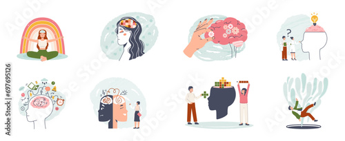 Cognitive brain and calm mind support. Teenagers develop mental connections, head and soul training. Creativity and psychology, snugly vector scenes