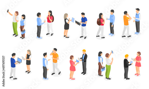 Isometric people communication and using gadgets. Isolated casual and business characters, talking and working with laptop, flawless vector collection