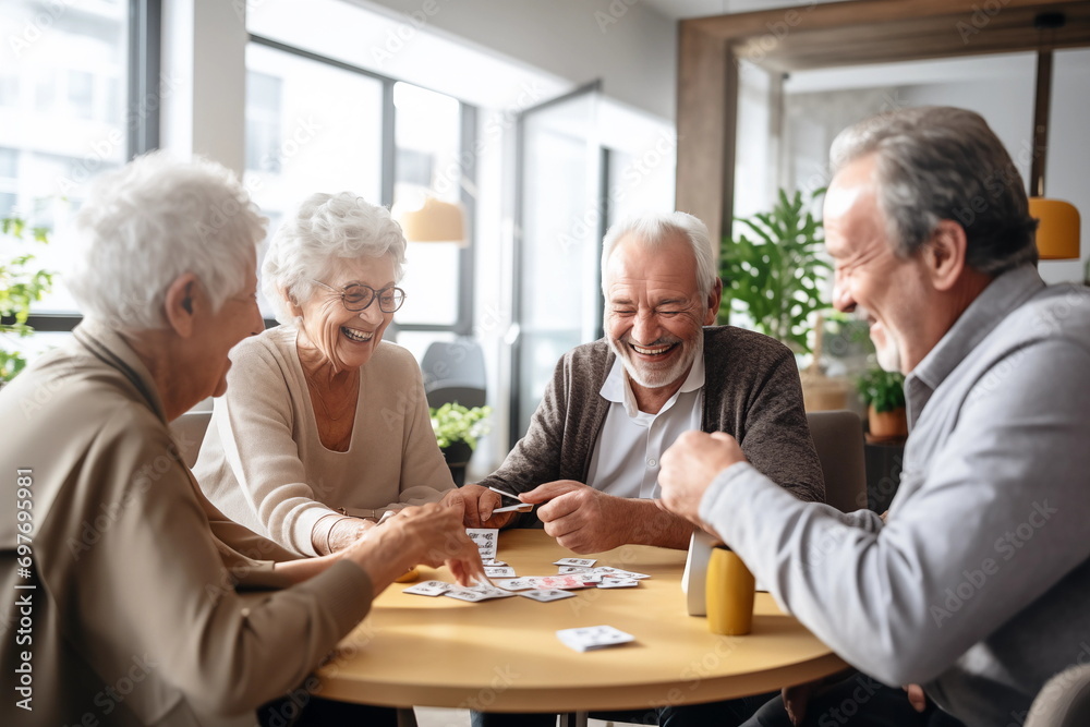 elderly people in the nursing home are play card games. Happy old age concept - obrazy, fototapety, plakaty 
